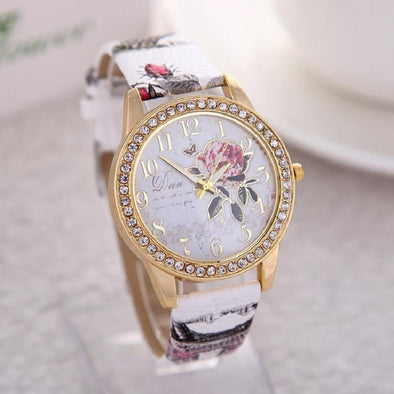 reloj mujer Women Watch Rose Flower Pattern Dial Womens Wrist Watches Leather Graffiti Strap Ladies Clock relogio feminino